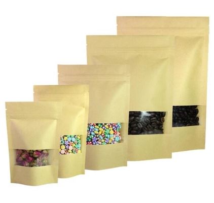 Đứng lên Doypack Heat Seal Túi bao bì giấy Kraft nâu Nhiều kích thước với cửa sổ mờ