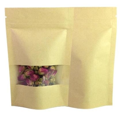 Đứng lên Doypack Heat Seal Túi bao bì giấy Kraft nâu Nhiều kích thước với cửa sổ mờ